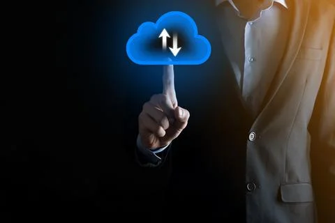 Businessman hold cloud icon.Cloud computing concept - connect smart phone to  스톡 사진