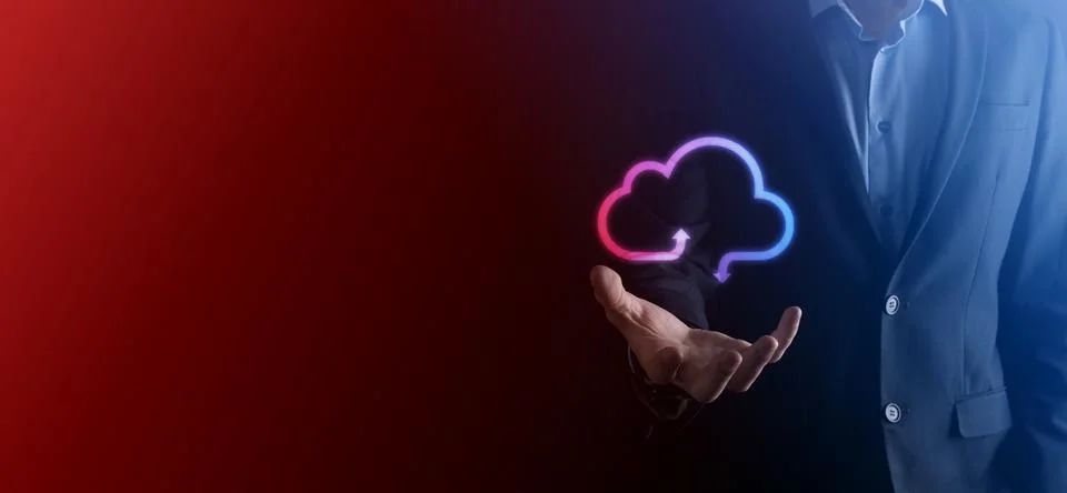 Businessman hold cloud icon.Cloud computing concept - connect smart phone to  스톡 사진