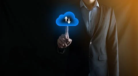 Businessman hold cloud icon.Cloud computing concept - connect smart phone to  Foto stock