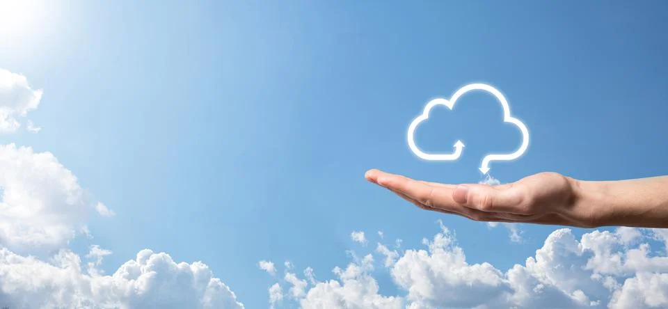 Businessman hold cloud icon.Cloud computing concept - connect smart phone to  스톡 사진