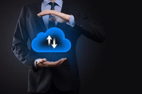 Businessman hold cloud icon.Cloud computing concept - connect smart phone to  Foto stock