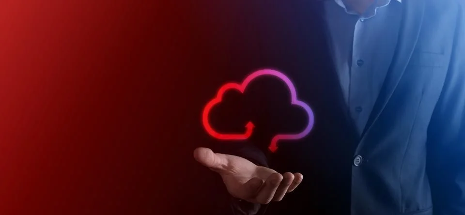 Businessman hold cloud icon.Cloud computing concept - connect smart phone to  스톡 사진