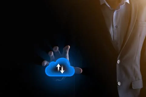 Businessman hold cloud icon.Cloud computing concept - connect smart phone to  스톡 사진