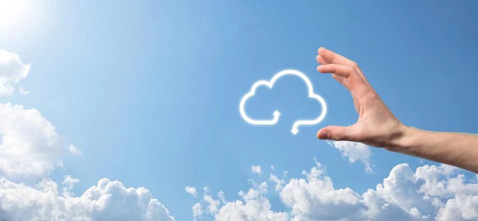 Businessman hold cloud icon.Cloud computing concept - connect smart phone to  Stock Photos