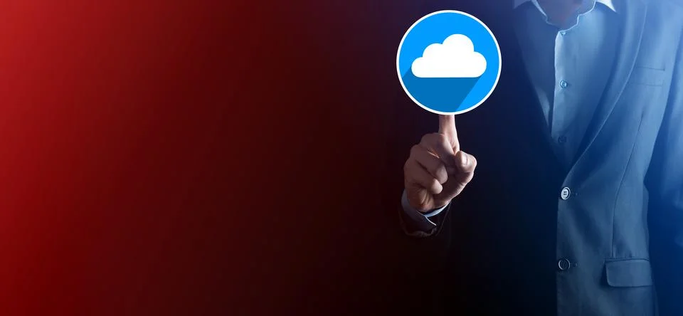 Businessman hold cloud icon.Cloud computing concept - connect smart phone to  스톡 사진