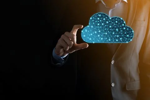 Businessman hold cloud icon.Cloud computing concept - connect smart phone to  스톡 사진