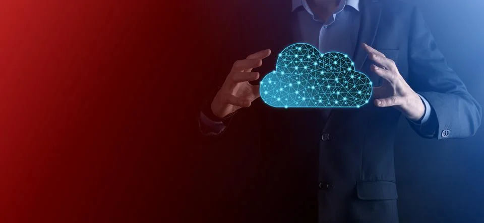 Businessman hold cloud icon.Cloud computing concept - connect smart phone to  스톡 사진