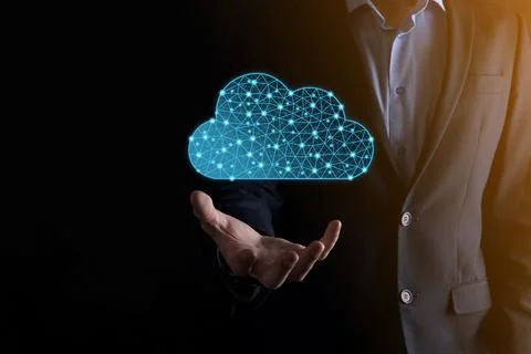 Businessman hold cloud icon.Cloud computing concept - connect smart phone to  Foto stock