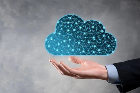 Businessman hold cloud icon.Cloud computing concept - connect smart phone to  Foto stock