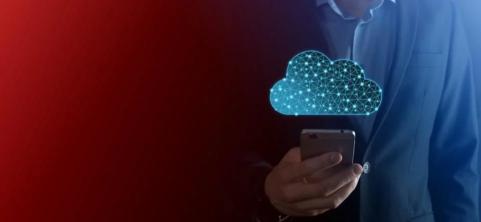 Businessman hold cloud icon.Cloud computing concept - connect smart phone to  스톡 사진