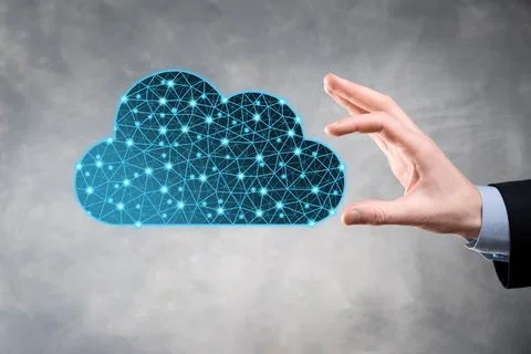 Businessman hold cloud icon.Cloud computing concept - connect smart phone to  스톡 사진