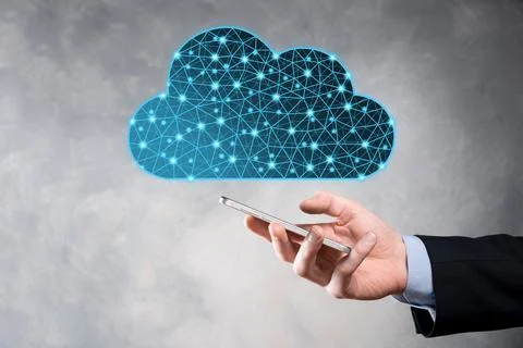 Businessman hold cloud icon.Cloud computing concept - connect smart phone to  스톡 사진