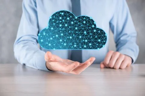Businessman hold cloud icon.Cloud computing concept - connect smart phone to  Stock Photos
