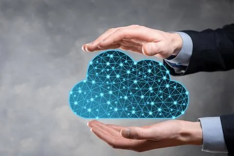 Businessman hold cloud icon.Cloud computing concept - connect smart phone to  Stock Photos