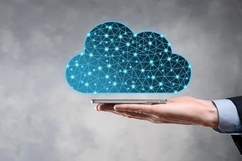 Businessman hold cloud icon.Cloud computing concept - connect smart phone to  Foto stock