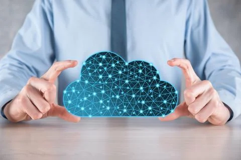 Businessman hold cloud icon.Cloud computing concept - connect smart phone to  스톡 사진