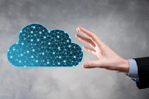 Businessman hold cloud icon.Cloud computing concept - connect smart phone to  스톡 사진