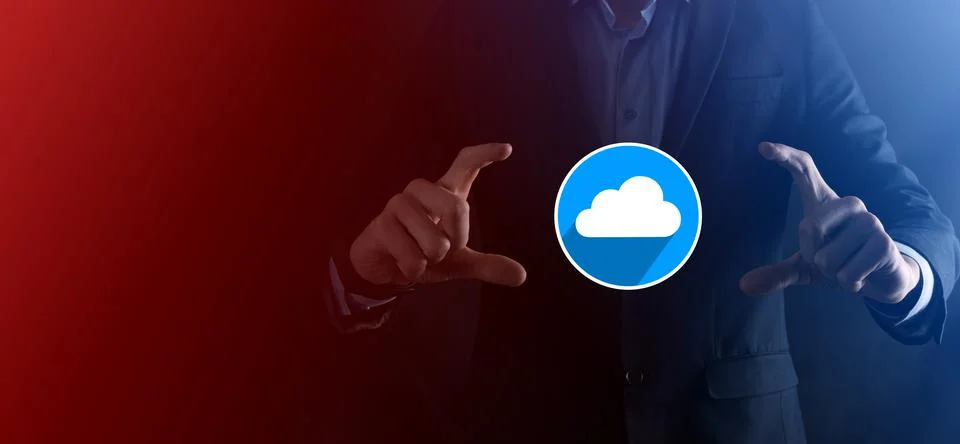 Businessman hold cloud icon.Cloud computing concept - connect smart phone to  Stockfoto's
