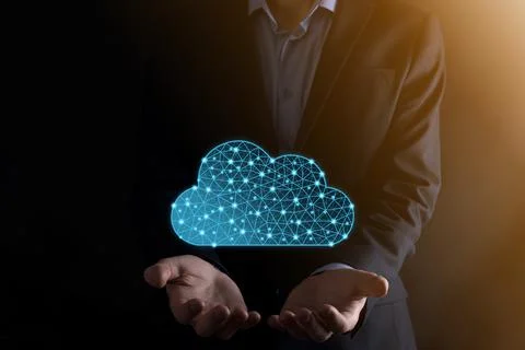 Businessman hold cloud icon.Cloud computing concept - connect smart phone to  스톡 사진