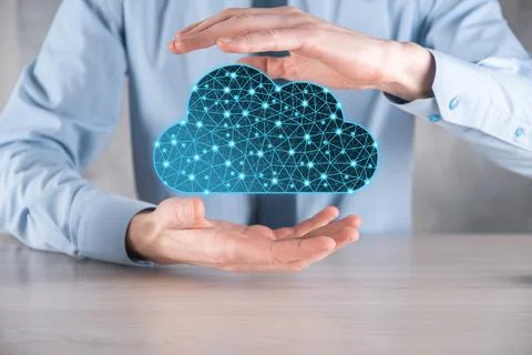 Businessman hold cloud icon.Cloud computing concept - connect smart phone to  Foto stock