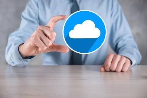 Businessman hold cloud icon.Cloud computing concept - connect smart phone to  스톡 사진
