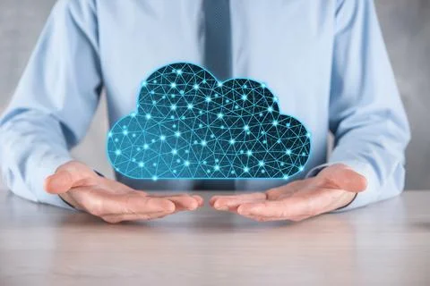 Businessman hold cloud icon.Cloud computing concept - connect smart phone to  스톡 사진