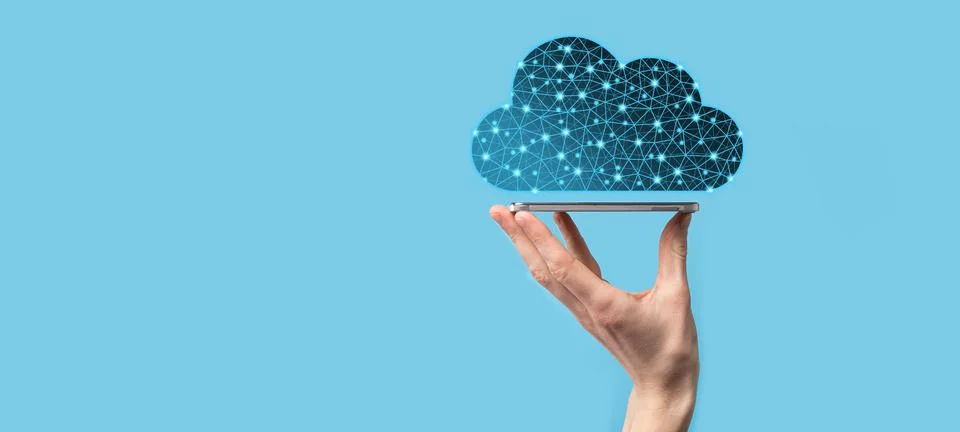 Businessman hold cloud icon.Cloud computing concept - connect smart phone to  스톡 사진