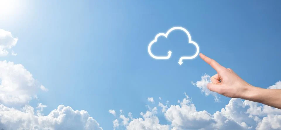 Businessman hold cloud icon.Cloud computing concept - connect smart phone to  스톡 사진