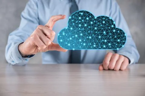Businessman hold cloud icon.Cloud computing concept - connect smart phone to  Stock Photos