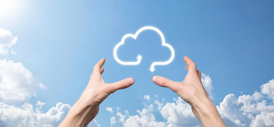 Businessman hold cloud icon.Cloud computing concept - connect smart phone to  Stockfoto's