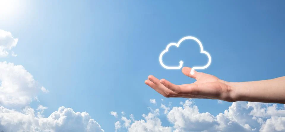 Businessman hold cloud icon.Cloud computing concept - connect smart phone to  스톡 사진
