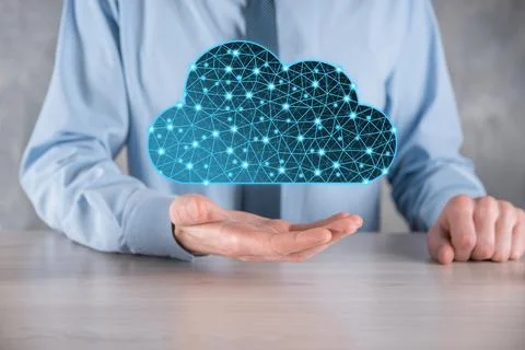 Businessman hold cloud icon.Cloud computing concept - connect smart phone to  스톡 사진