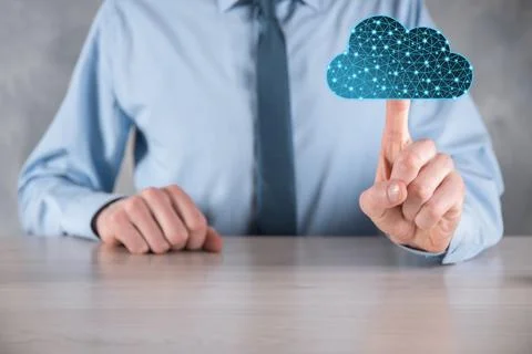 Businessman hold cloud icon.Cloud computing concept - connect smart phone to  Foto stock