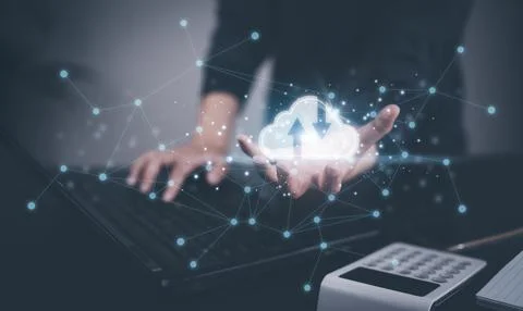 Businessman hold data information on the Cloud Computing Technology Internet  Stock Photos