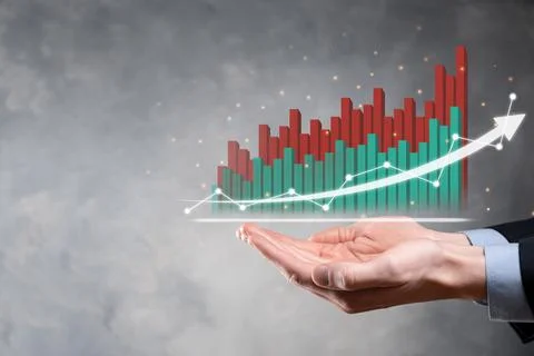Businessman hold drawing on screen growing graph, arrow of positive growth ic Stock Photos