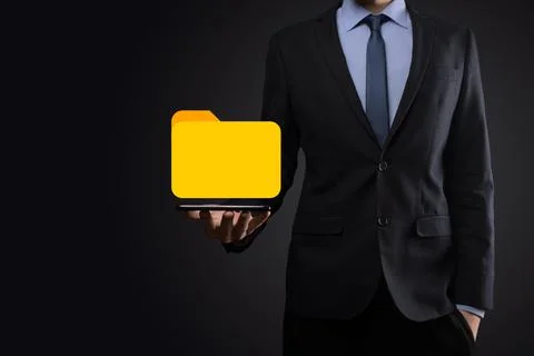 Businessman hold folder icon.Document Management System or DMS setup by IT co Stock Photos