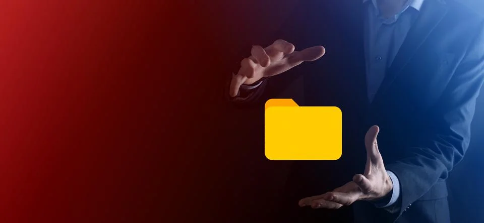 Businessman hold folder icon.Document Management System or DMS setup by IT co 写真素材