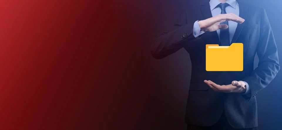 Businessman hold folder icon.Document Management System or DMS setup by IT co Stockfoto's