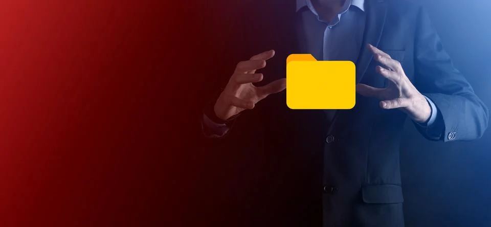 Businessman hold folder icon.Document Management System or DMS setup by IT co Stock Photos