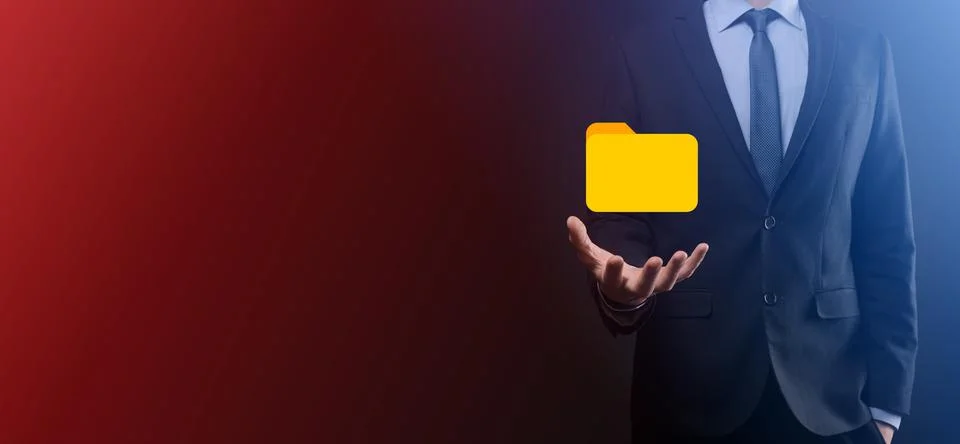 Businessman hold folder icon.Document Management System or DMS setup by IT co Stockfoto's