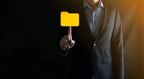 Businessman hold folder icon.Document Management System or DMS setup by IT co 写真素材