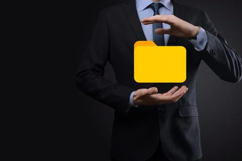 Businessman hold folder icon.Document Management System or DMS setup by IT co 写真素材