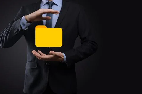 Businessman hold folder icon.Document Management System or DMS setup by IT co 写真素材