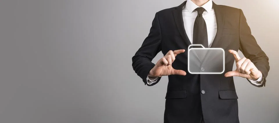 Businessman hold folder icon.Document Management System or DMS setup by IT co 写真素材