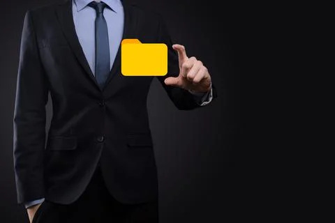 Businessman hold folder icon.Document Management System or DMS setup by IT co Stockfoto's