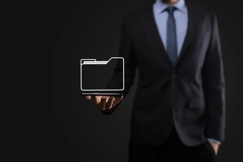 Businessman hold folder icon.Document Management System or DMS setup by IT co 写真素材