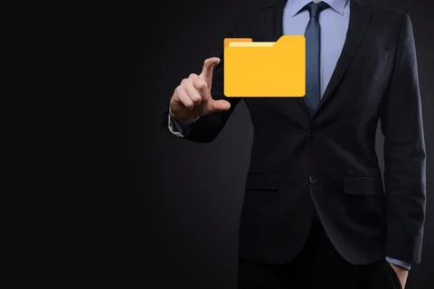 Businessman hold folder icon.Document Management System or DMS setup by IT co 写真素材