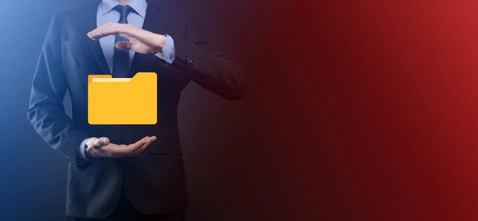 Businessman hold folder icon.Document Management System or DMS setup by IT co 写真素材