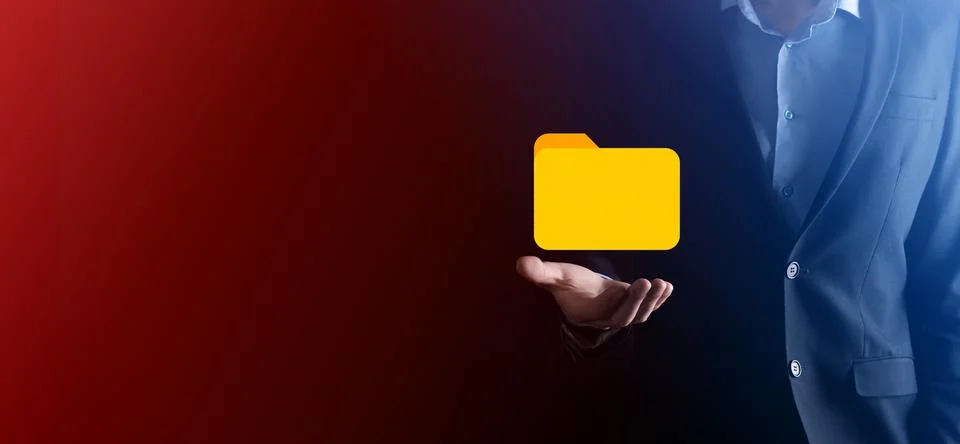 Businessman hold folder icon.Document Management System or DMS setup by IT co 写真素材