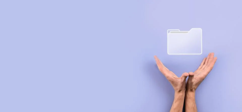 Businessman hold folder icon.Document Management System or DMS setup by IT co Stock Photos